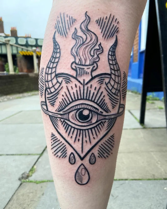 Medium Blackwork Sacred Heart Eye Tattoo on Women Calf by @hashbrown_tattoos