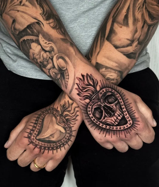 Medium Blackwork Sacred Heart Skull Tattoo on Men Hands by @davidetacconelli_