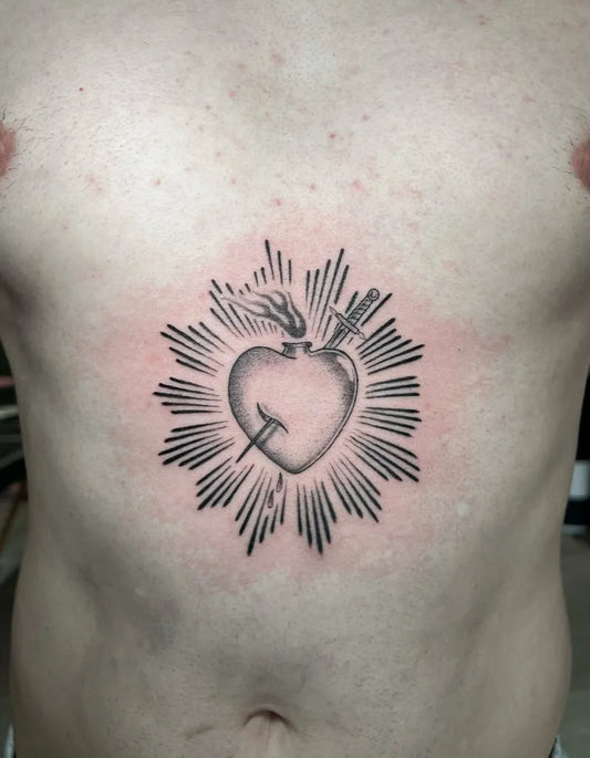 Medium Blackwork Sacred Heart Tattoo on Men Chest by @trashyboyscout