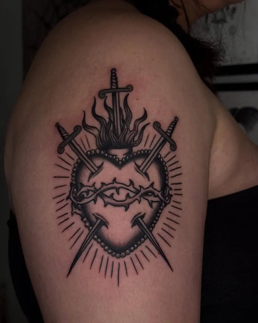 Medium Blackwork Sacred Heart Tattoo on Women Shoulder by @corazontatuajes