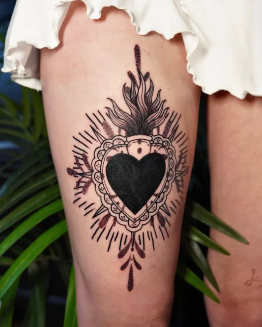 Medium Blackwork Sacred Heart Tattoo on Women Thigh by @cheygreeningtattoos