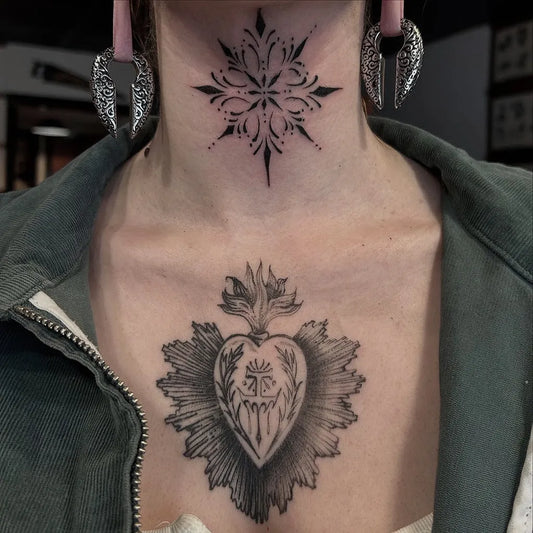 Medium Blackwork Sacred Heart and Compass Tattoo on Women Neck by @dannirudie