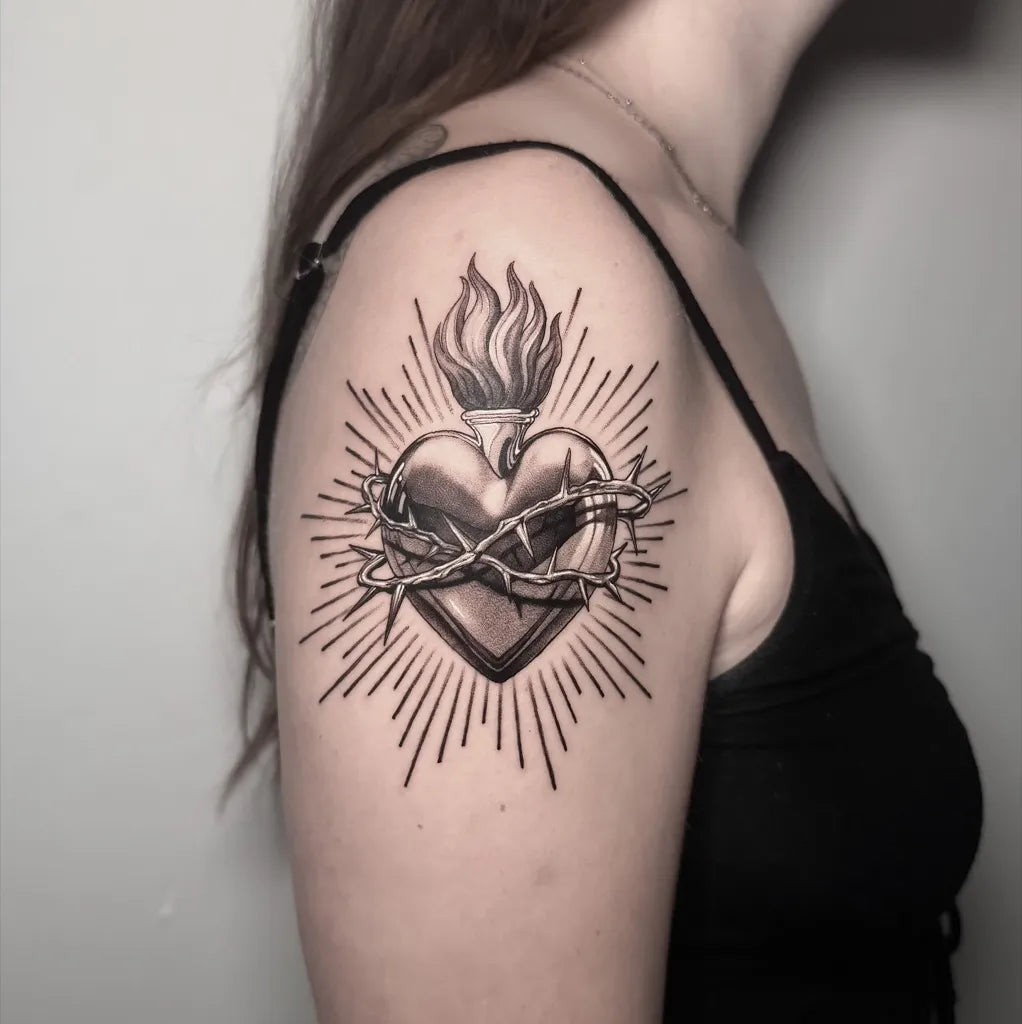 Medium Blackwork Sacred Heart with Crown of Thorns Tattoo on Women Shoulder by @lucyorbarker