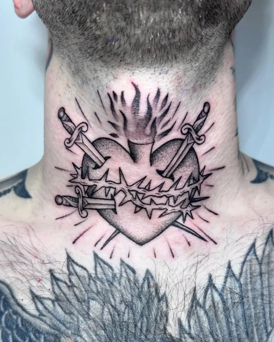 Medium Blackwork Sacred Heart with Daggers and Thorns Tattoo on Men Throat by @anti.madiii