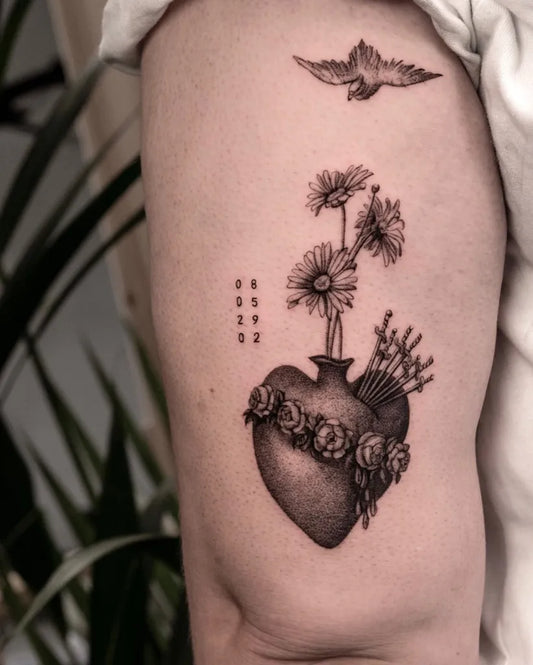 Medium Blackwork Sacred Heart with Flowers and Dove Tattoo on Women Arm by @loistacke.tattoo
