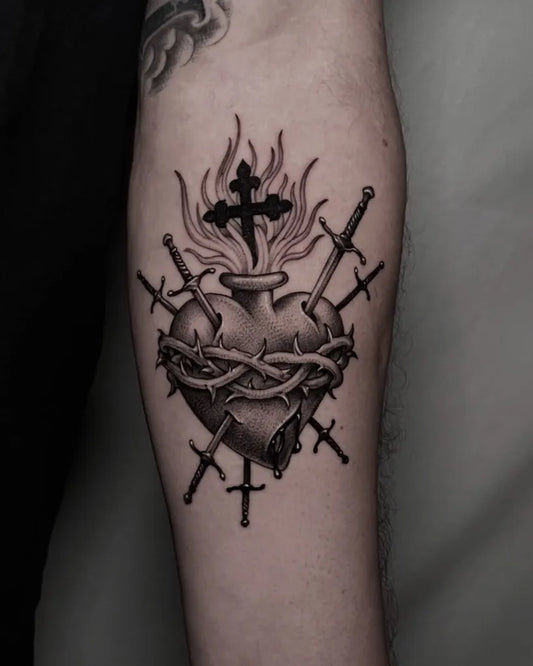 Medium Blackwork Sacred Heart with Swords on Men Arm Tattoo by @deadrabbitink