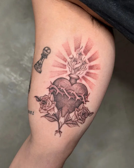 Medium Blackwork Sacred Heart with Thorns and Roses Tattoo on Men Thigh by @deadsetleo