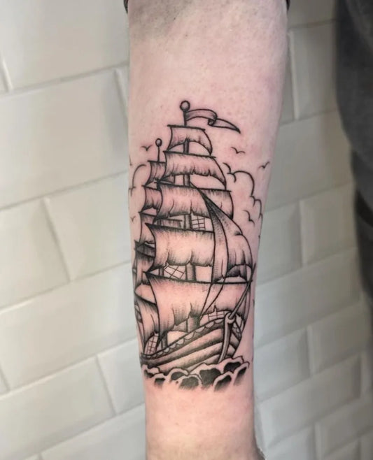 Medium Blackwork Sailing Ship Seagulls Waves Nautical Tattoo on Men Arm by @flesh_chambers