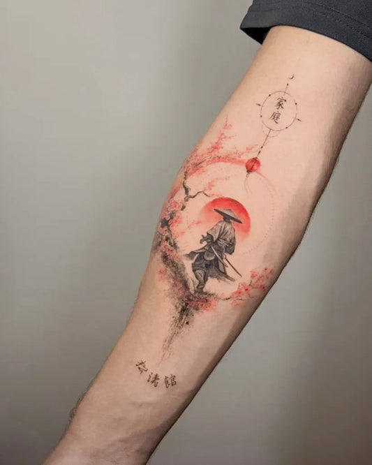 Medium Blackwork Samurai Cherry Blossom Sun Tattoo on Men Forearm by @debrartattoos