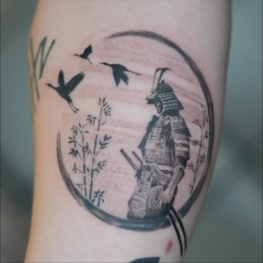 Medium Blackwork Samurai Geese Bamboo Tattoo on Men Arm by @mikegrazhopper