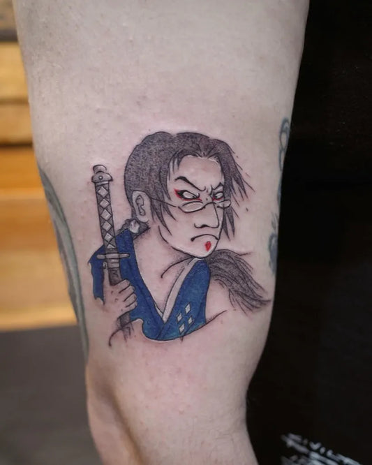 Medium Blackwork Samurai with Katana Tattoo on Men Arm by @ron_tattoo_shiryudoh