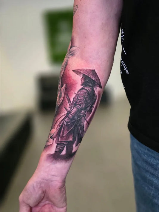 Medium Blackwork Samurai with Katana Tattoo on Men Arm by @tattoo.lew90