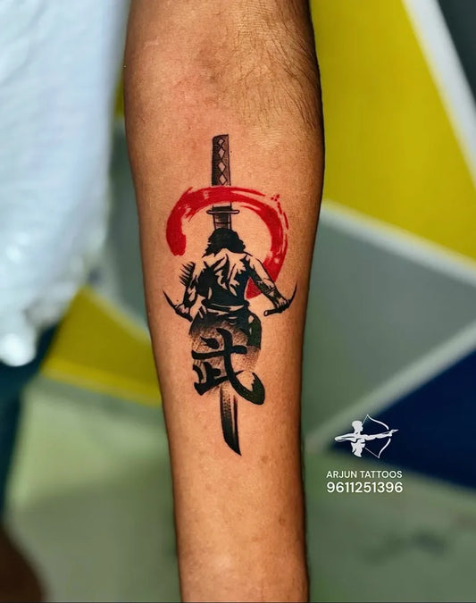 Medium Blackwork Samurai with Katana and Kanji Men Arm by @arjun_tattoos_ka06