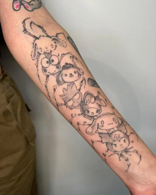 Medium Blackwork Sanrio Characters Centipede Tattoo on Women Arm by @kindagloomy