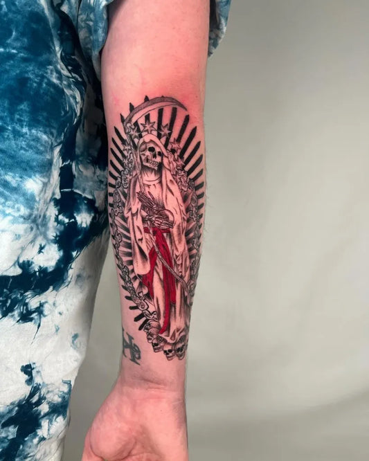 Medium Blackwork Santa Muerte Tattoo on Men Arm by @javen_ochoa