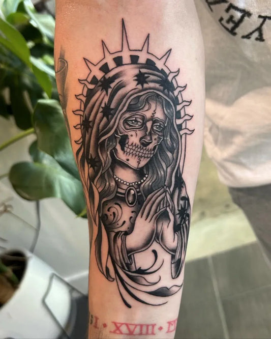 Medium Blackwork Santa Muerte Tattoo on Men Arm by @slumprat_tattoos