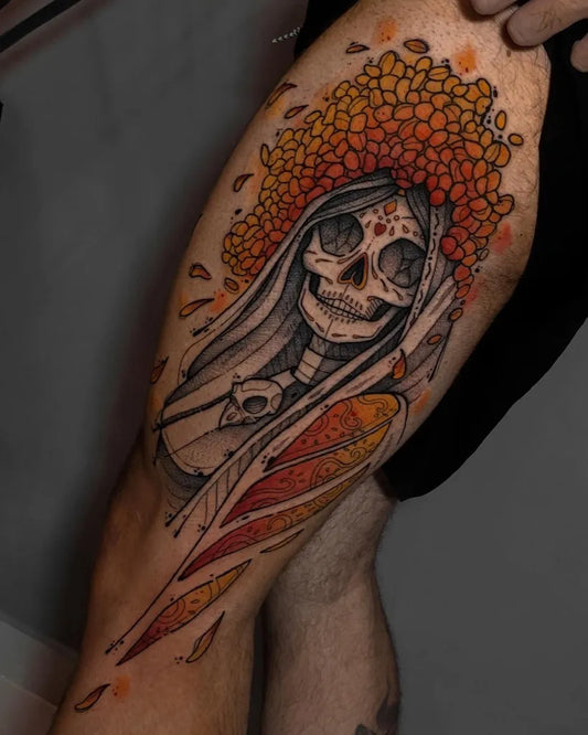 Medium Blackwork Santa Muerte Tattoo on Men Leg by @pedroreno_ink