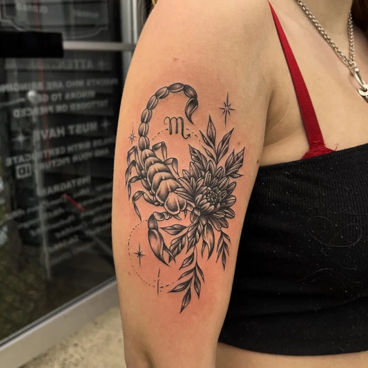 Medium Blackwork Scorpion Flower on Women Shoulder Tattoo by @goldenboysink
