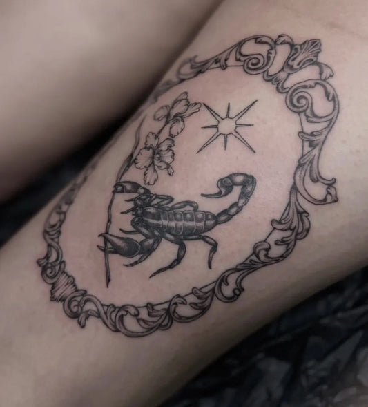 Medium Blackwork Scorpion Flowers Stars on Women Thigh Tattoo by @em4eternity