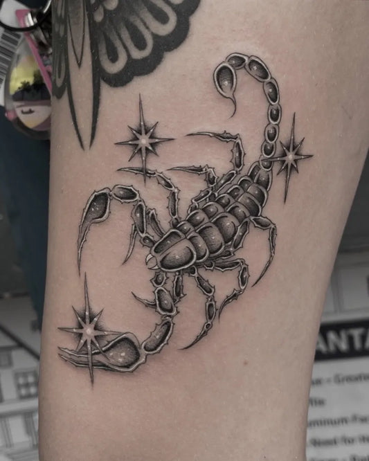 Medium Blackwork Scorpion Stars on Women Arm Tattoo by @zlasher__