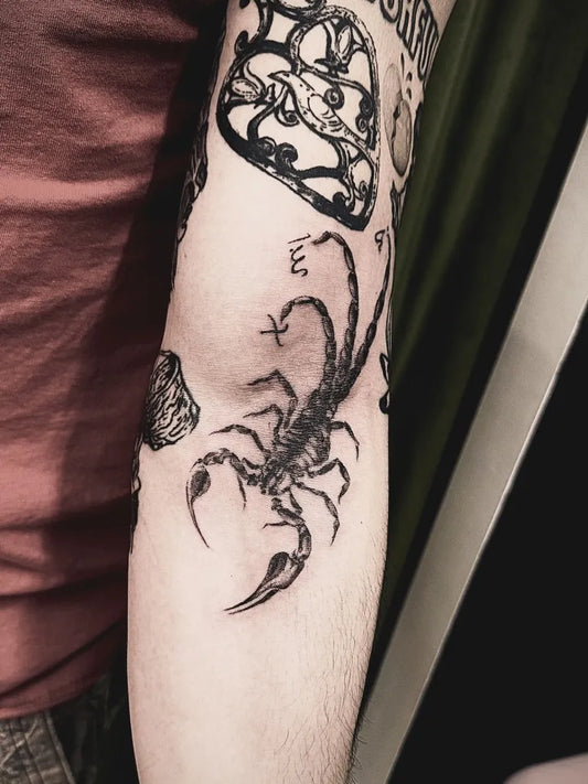 Medium Blackwork Scorpion and Clock on Men Arm Tattoo by @tattooist_zebra