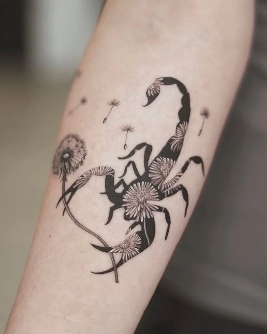 Medium Blackwork Scorpion and Dandelion Tattoo on Women Arm by @natashajessietat