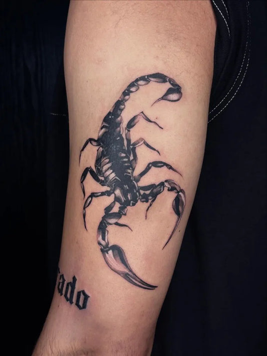 Medium Blackwork Scorpion and Script on Men Arm Tattoo by @nyahlistic.tattoos