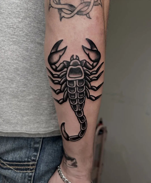 Medium Blackwork Scorpion on Men Arm Tattoo by @sadsheeptattoos