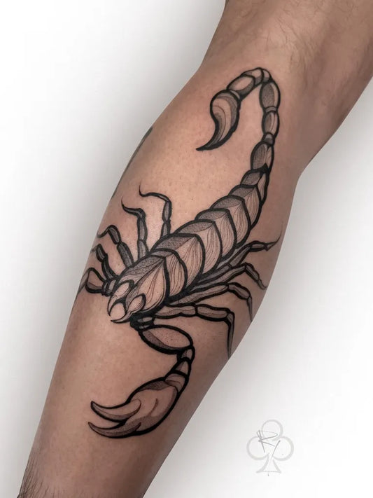 Medium Blackwork Scorpion on Men Leg Tattoo by @rey_teysse