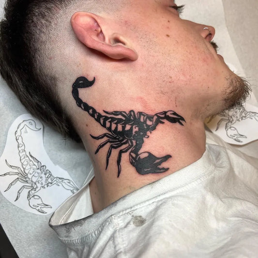 Medium Blackwork Scorpion on Men Neck Tattoo by @pokeeboi