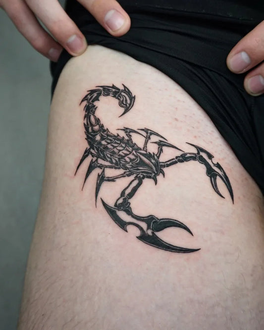 Medium Blackwork Scorpion on Men Thigh Tattoo by @kallo_tt