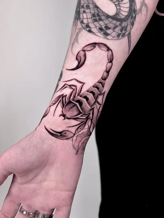 Medium Blackwork Scorpion on Women Forearm Tattoo by @maugrimm.ink