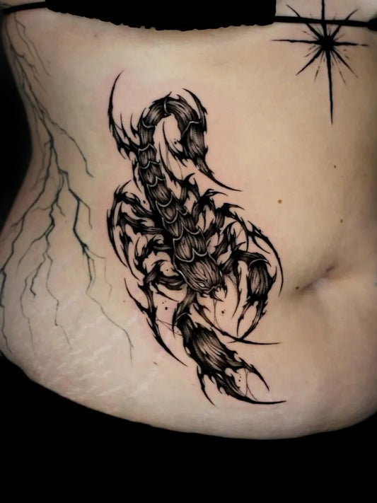Medium Blackwork Scorpion on Women Stomach Tattoo by @kim9ang