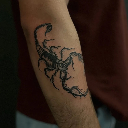 Medium Blackwork Scorpion with Eye on Men Arm Tattoo by @micah.tattoos