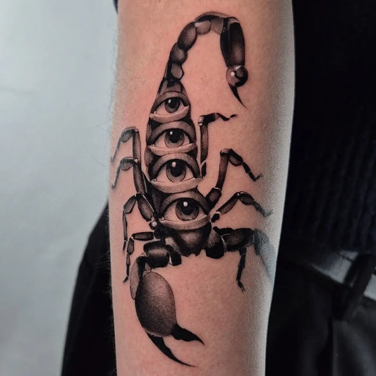 Medium Blackwork Scorpion with Eyes on Men Arm Tattoo by @sebs.tattoo