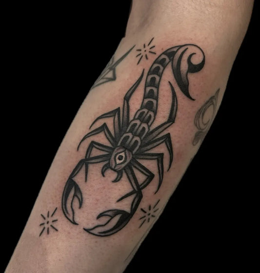 Medium Blackwork Scorpion with Stars on Women Arm Tattoo by @josh.england.tats