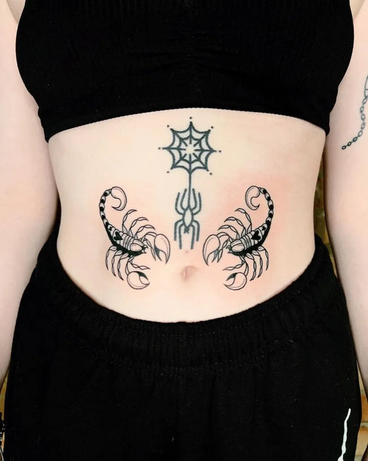 Medium Blackwork Scorpions and Spider Tattoo on Women Stomach by @byyclouds
