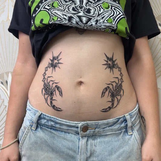 Medium Blackwork Scorpions on Women Stomach Tattoo by @necrotattoos