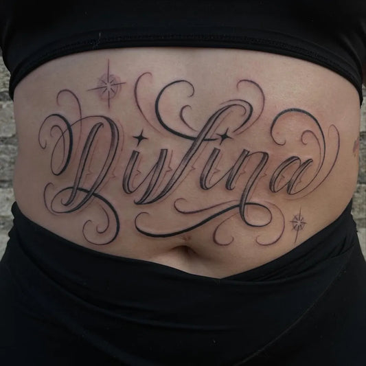 Medium Blackwork Script Name with Stars Tattoo on Women Stomach by @salchichatattoos
