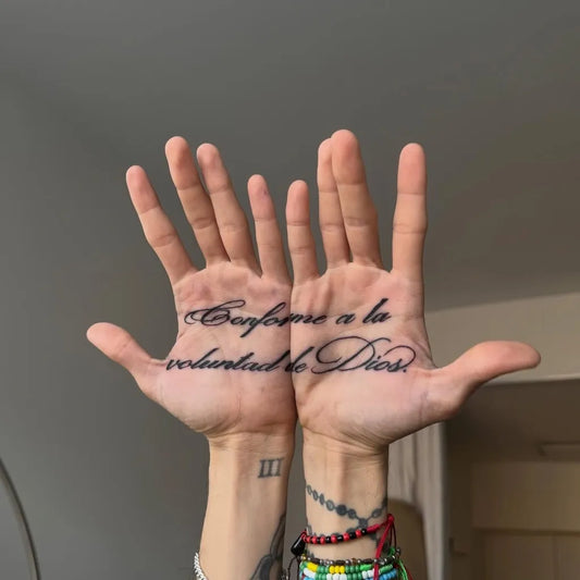 Medium Blackwork Script Quote Tattoo on Men Hands by @uglytat222s