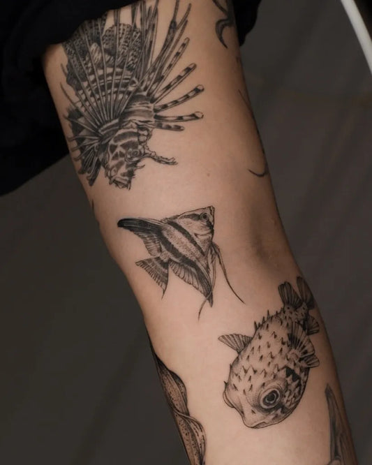 Medium Blackwork Sea Creatures Tattoo on Women Arm by @magnolia.tattooer