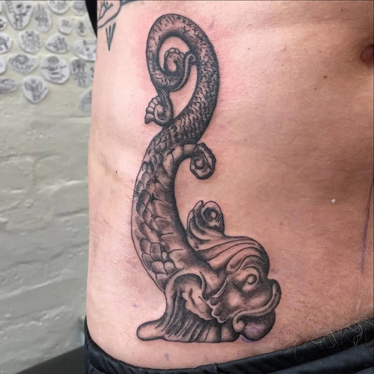 Medium Blackwork Sea Monster Nautical Tattoo on Men Leg by @pienktattoos