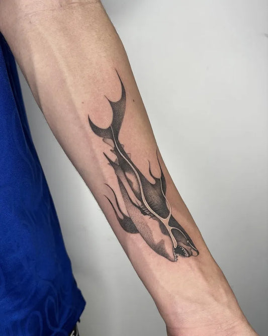 Medium Blackwork Shark Skull on Men Arm Tattoo by @cctattoos__