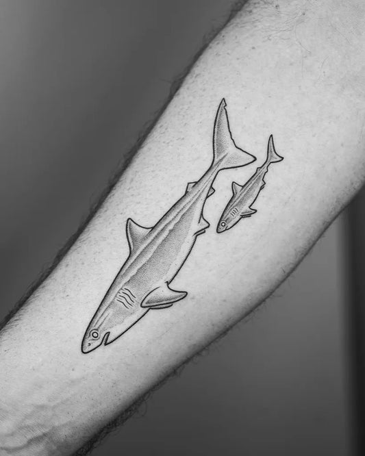 Medium Blackwork Shark and Pup on Men Arm Tattoo by @mike_stout_tattoo
