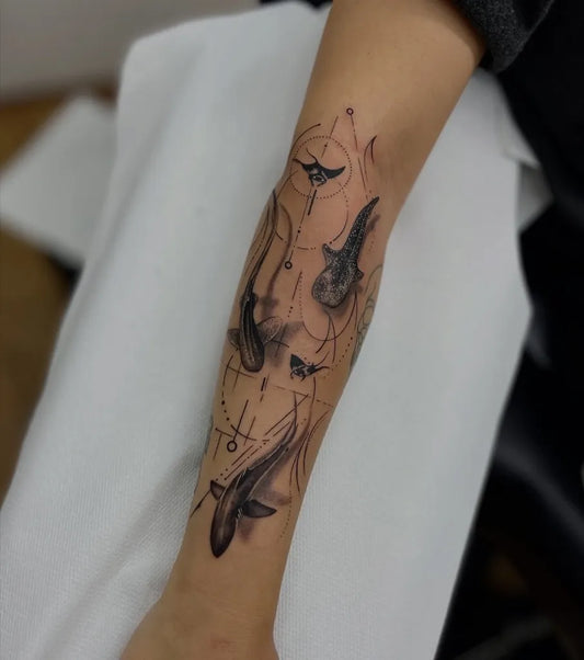 Medium Blackwork Sharks on Women Arm Tattoo by @dissolving.ink
