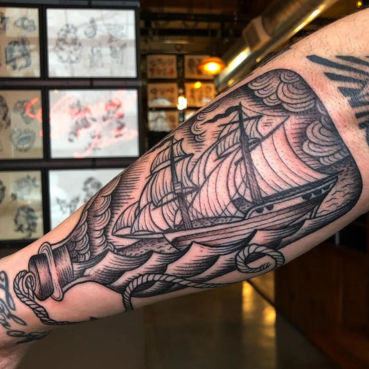 Medium Blackwork Ship in Bottle Nautical Tattoo on Men Arm by @sailing_sv_tattoo