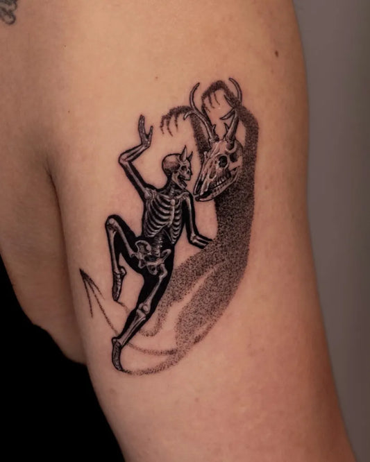 Medium Blackwork Skeleton Deer Skeleton Tattoo on Women Arm by @mete.noir