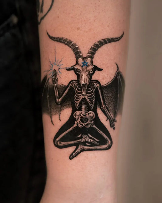 Medium Blackwork Skeleton Demon Tattoo on Women Arm by @mete.noir