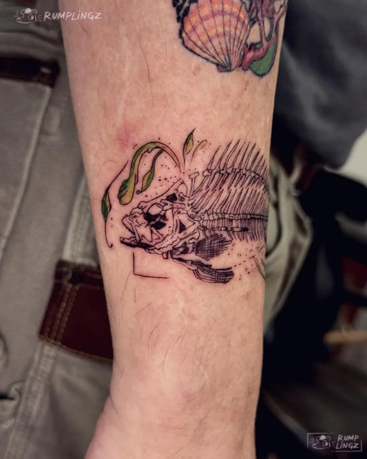 Medium Blackwork Skeleton Fish Tattoo on Men Forearm by @rumplingz