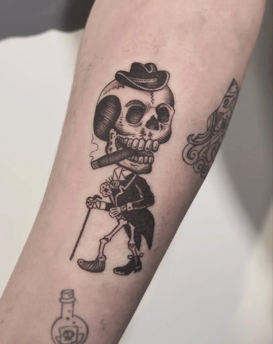 Medium Blackwork Skeleton Gentleman with Cigar Tattoo on Men Arm by @whiteghoststudio